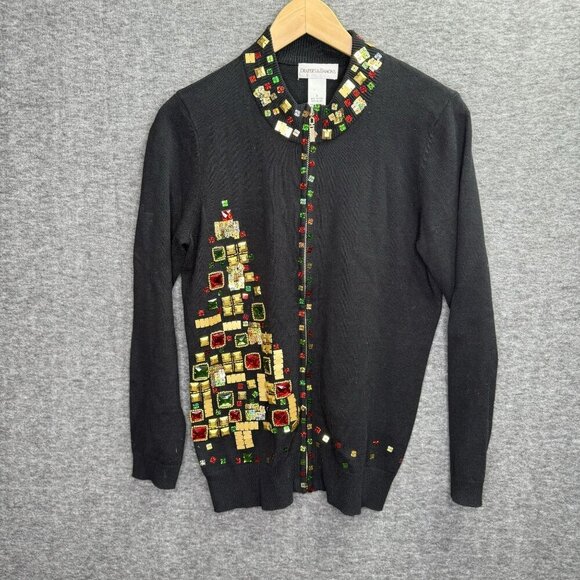 Drapers & Damons Christmas Tree Sweater Small Sequin Jewel Cardigan‎ Black S - Picture 1 of 5